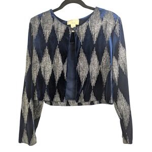 L Vtg Blue Velvet Silver Glitter Diamond Cropped Jacket Dynasty Glam Womens